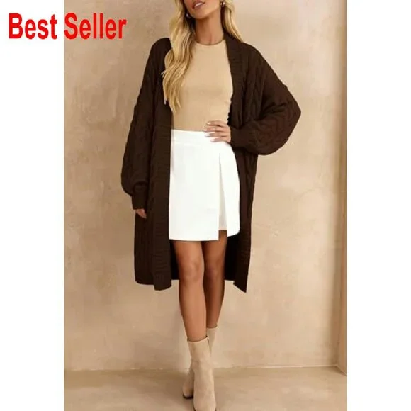 Oversized Cable Knit Cardigan Chunky Open Front Long Sleeve Sweater - Picture 3 of 8